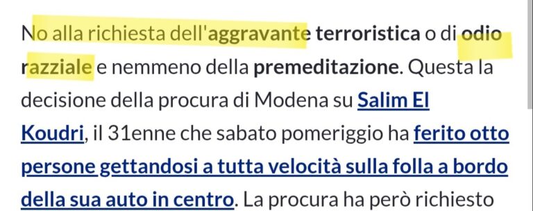 All’attentatore di Modena non è contestato l’odio razziale All’attentatore di Modena non è contestato l’odio razziale